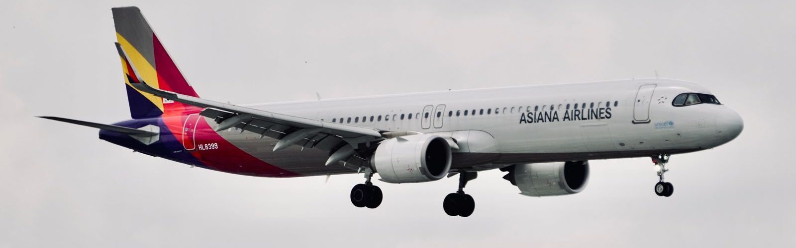 Asiana Airlines Airbus A321 aircraft flying mid-air with landing gear down.